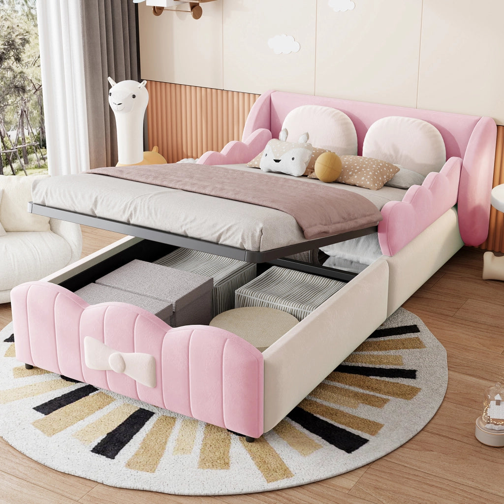 Letto imbottito per bambini 90 x 200 cm; contenitore idraulico; velluto rosa per cameretta