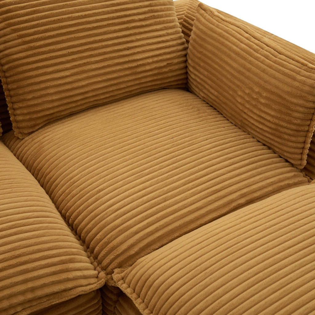 Divano modulare 4 posti con 2 pouf, tessuto in velluto arancione, cuscini, portabicchieri e tasche laterali