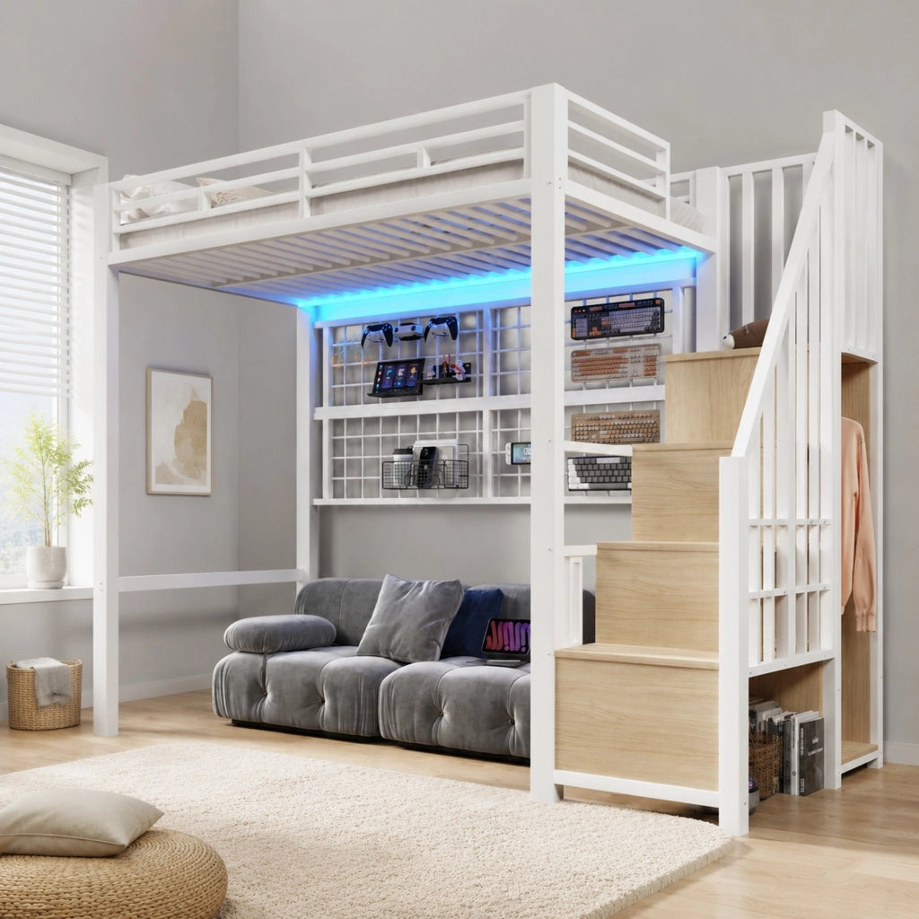 Letto a soppalco 90 × 200 cm con armadio scala contenitore griglia appendiabiti LED a 7 colori metallo bianco