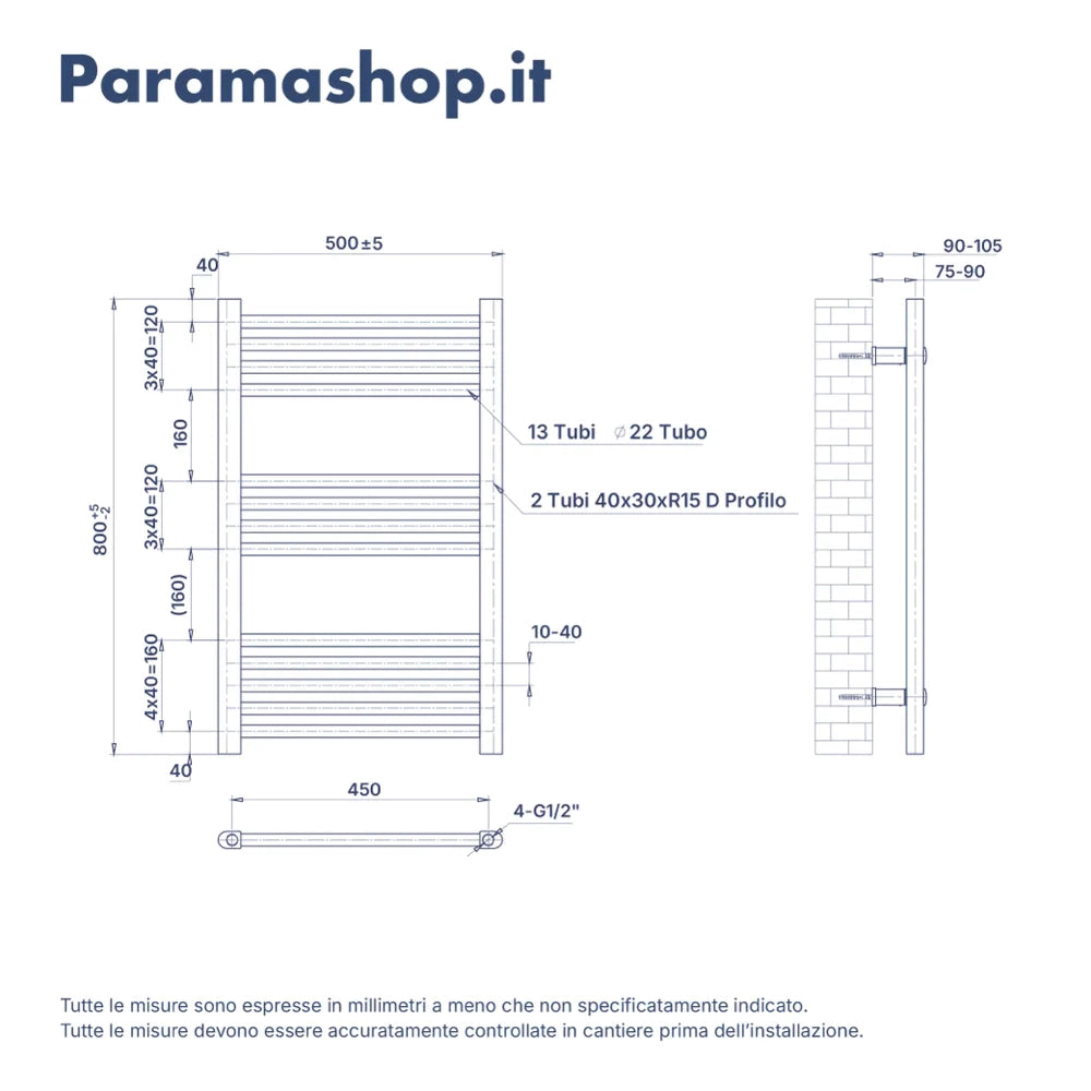 Termoarredo idraulico 800x500 antracite interasse 450 | Polaris