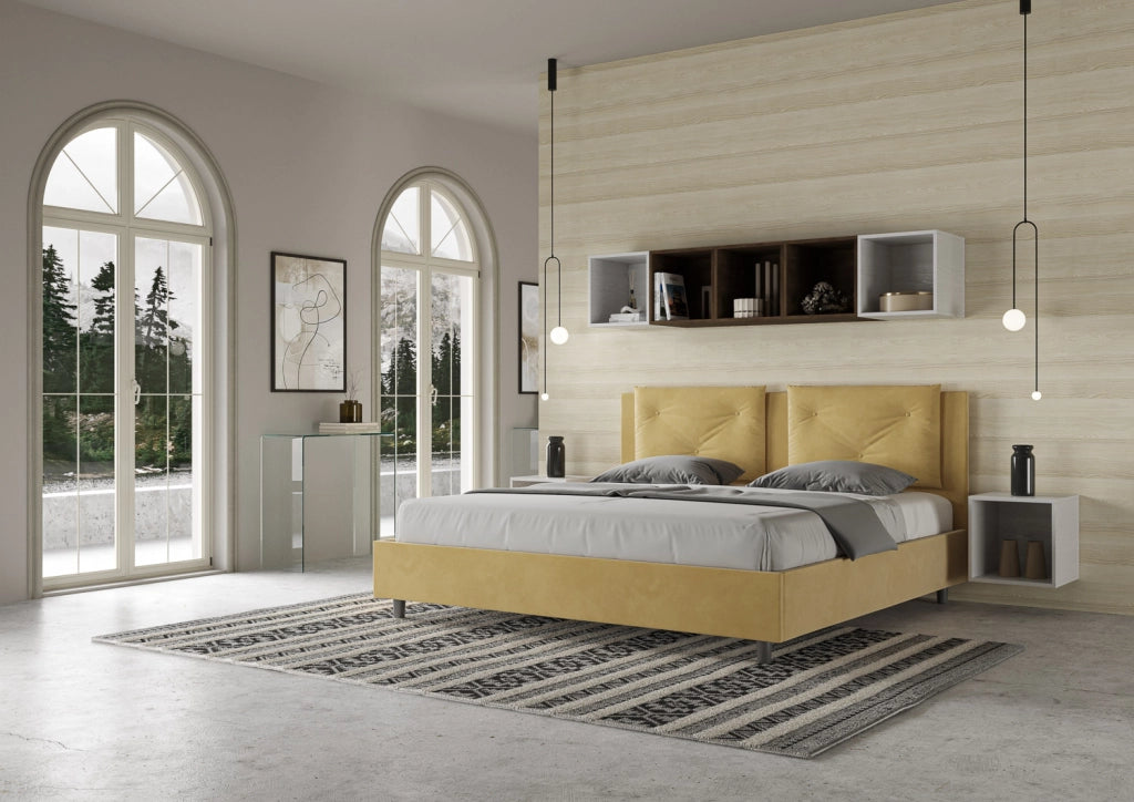BS COM Letto matrimoniale king size con rete imbottito 170x190 microfibra ocra