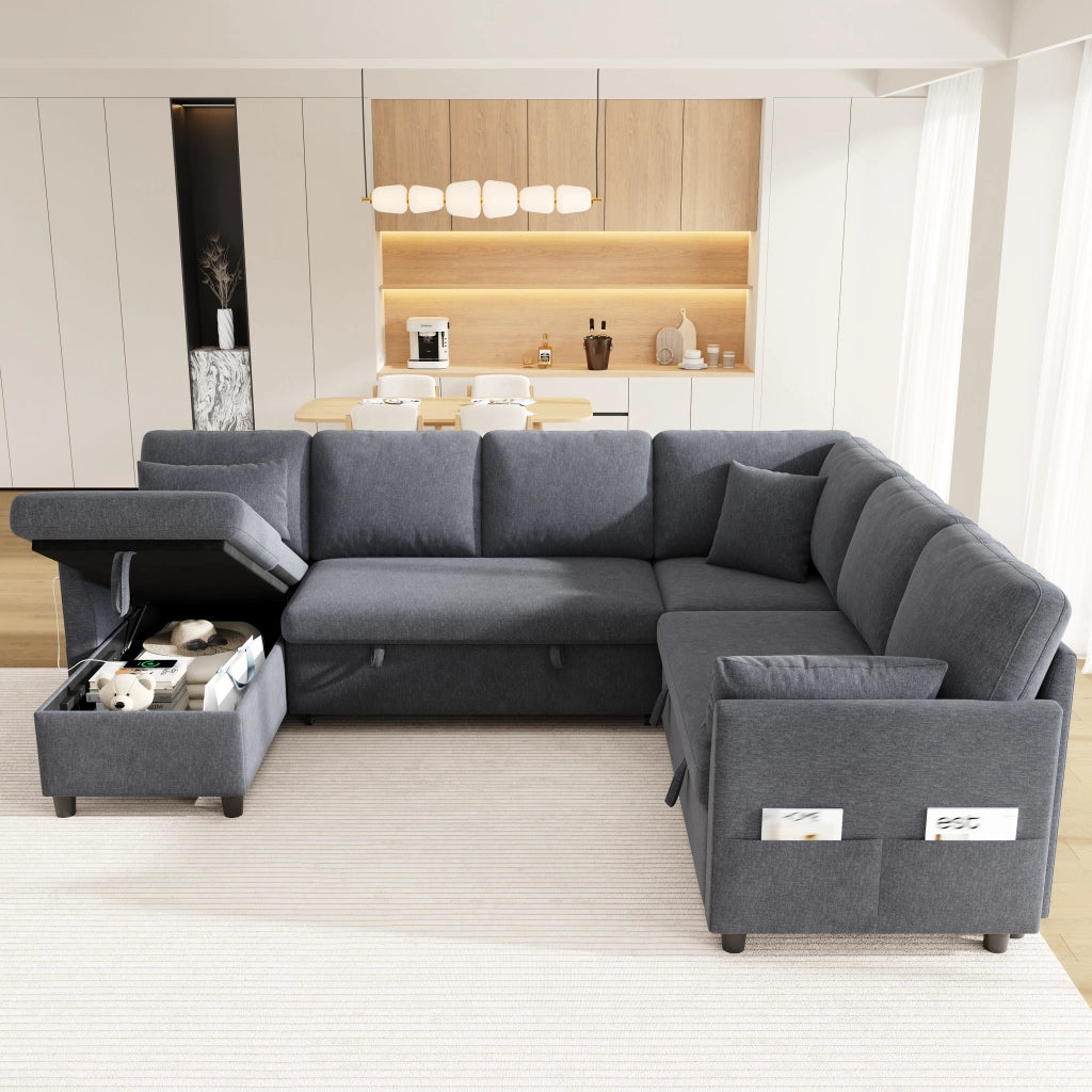 Divano letto angolare grigio con contenitori; chaise longue reversibile; USB e USB-C