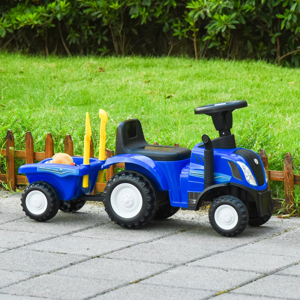 Trattore per Bambini Cavalcabile con Rimorchio, Rastrello e Pala, Gioco Educativo per Bimbi 12-36 Mesi, 91x29x44cm, Blu