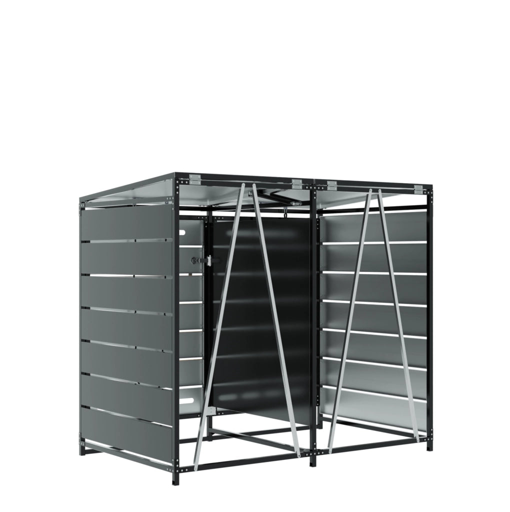 Cassonetto porta bidoni 2 scomparti in ferro con rivestimento effetto legno e coperchio idraulico, chiusura sicura, ventilazione anti odori