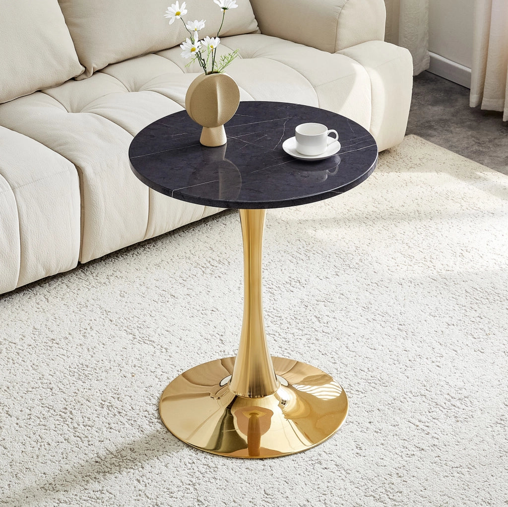 Tavolo rotondo da pranzo 60 cm in MDF e metallo; nero marmorizzato e oro