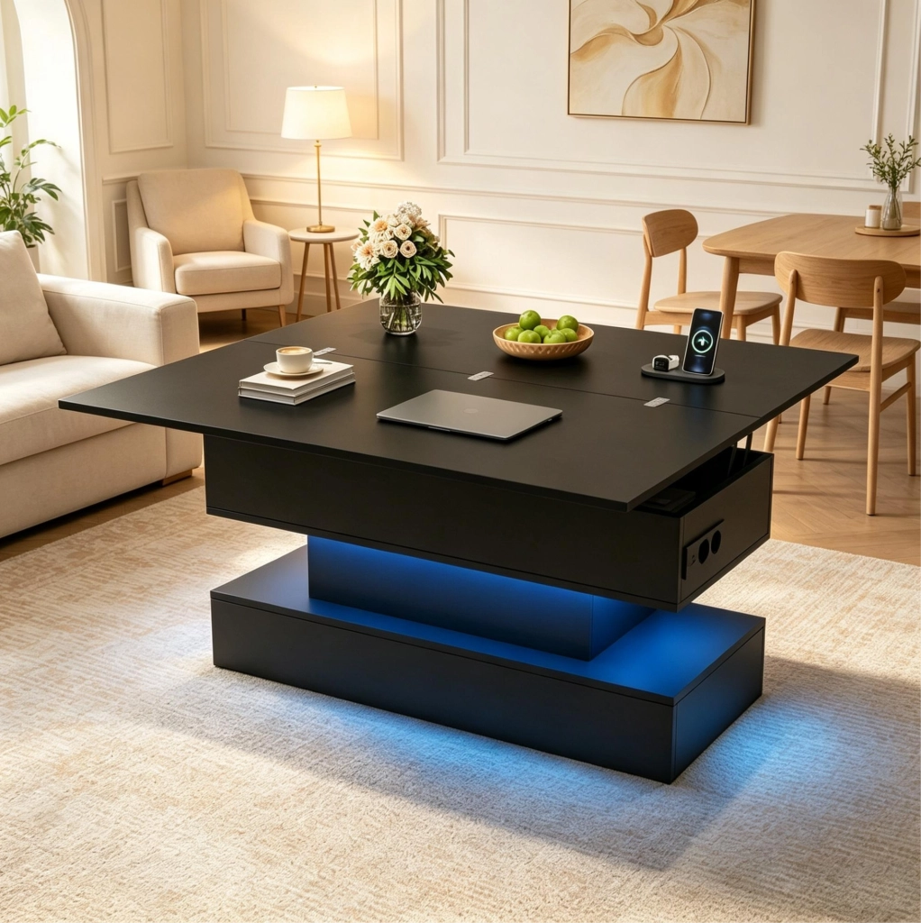 Tavolo elevabile multifunzione con LED e vano contenitore