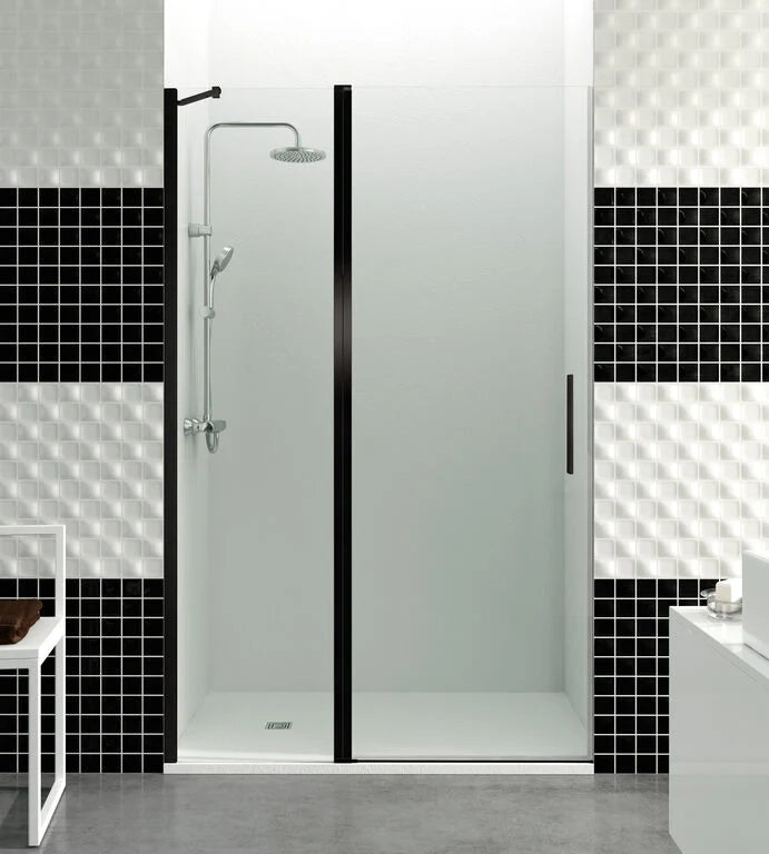 Box doccia frontale OPEN fisso 40 + porta battente 75 115 cm (112,5-115) nero opaco vetro trasparente