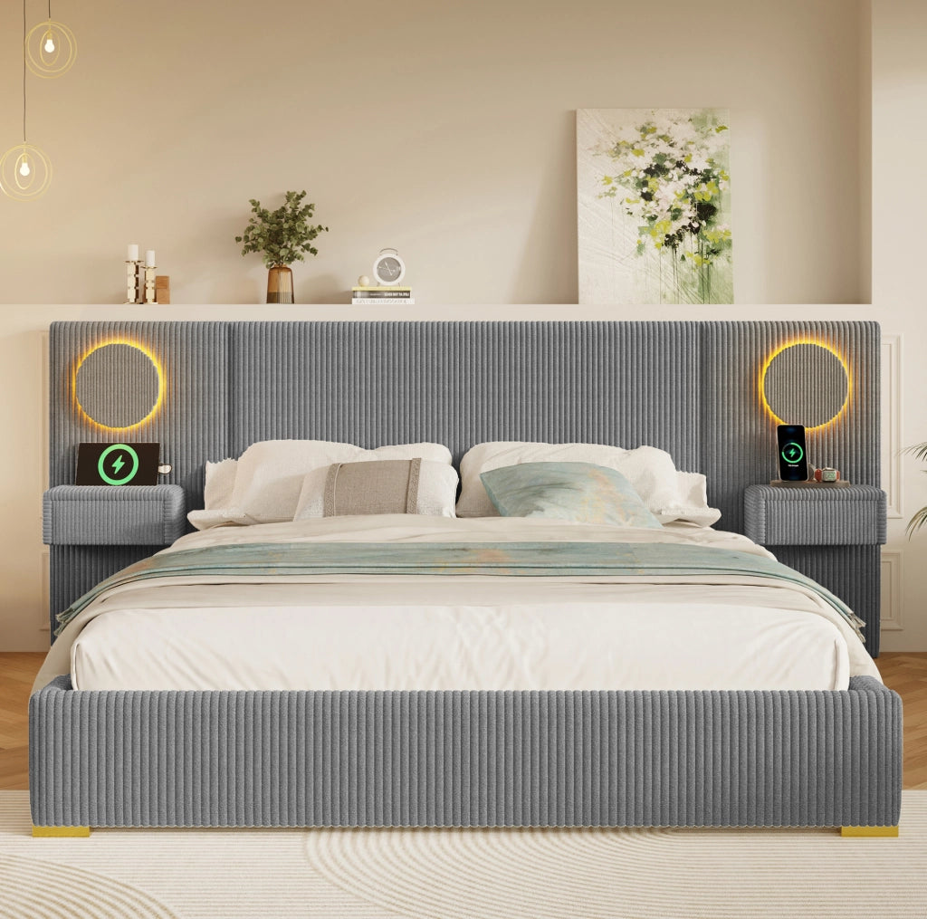 Letto imbottito 180x200 cm in velluto grigio con LED, USB e comodini