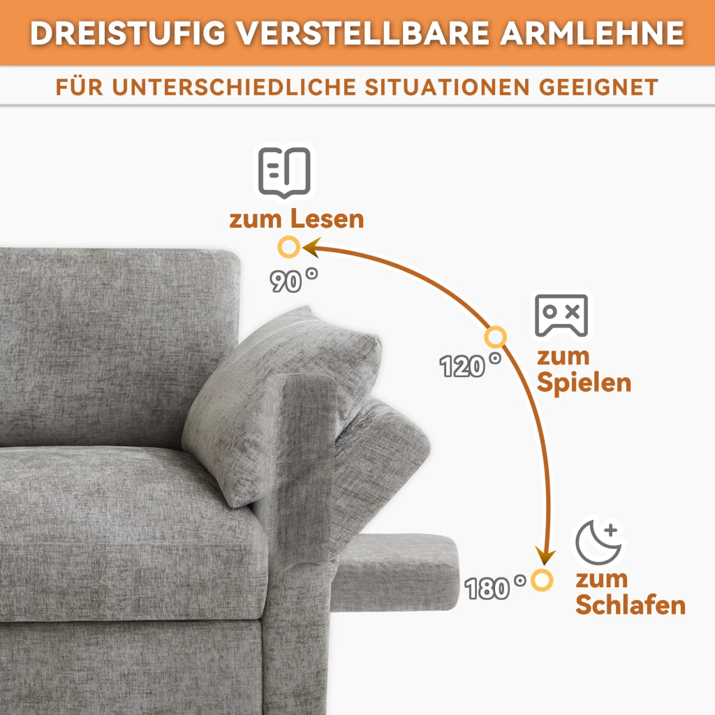 Divano modulare 4 posti con 2 pouf e braccioli regolabili in chenille grigio 284 × 156,5 × 86 cm con 6 cuscini