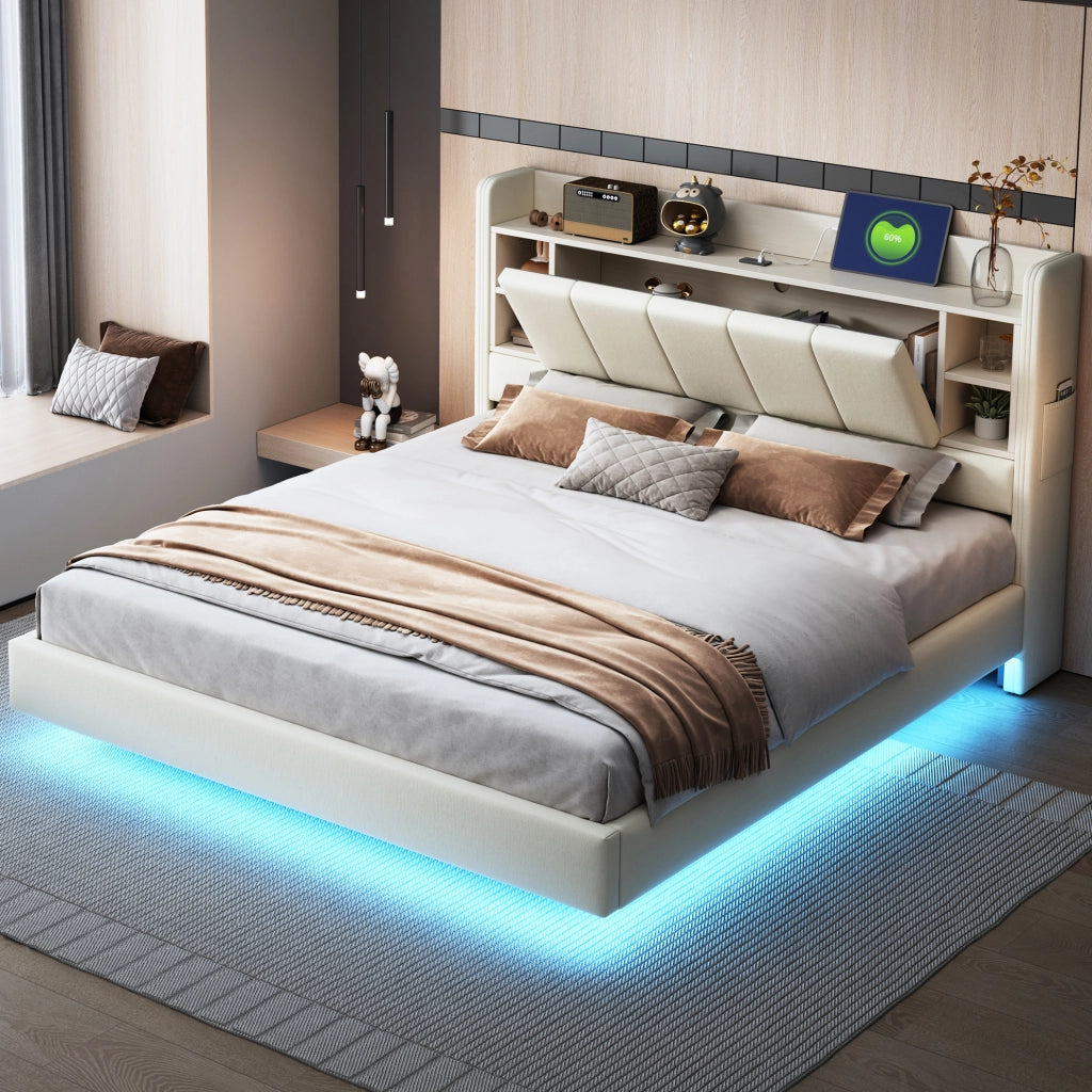 Letto matrimoniale imbottito 160x200 cm beige con LED e USB