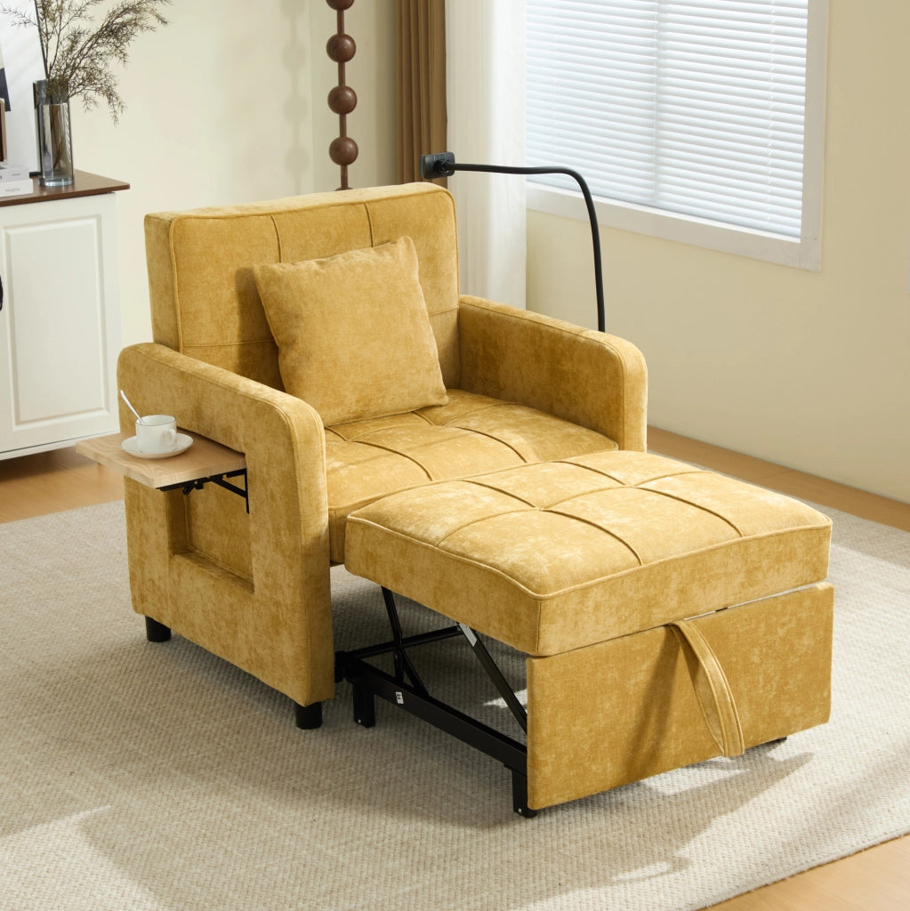 Poltrona letto 2-in-1 in chenille senape con tavolino e tasche laterali