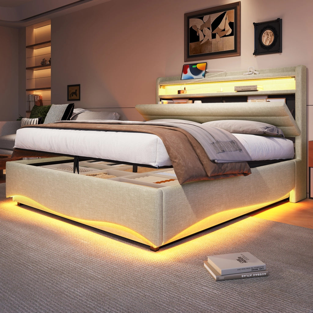 Letto contenitore 140 × 200 cm con LED; porte USB e Type-C; rivestito in lino beige con vano idraulico