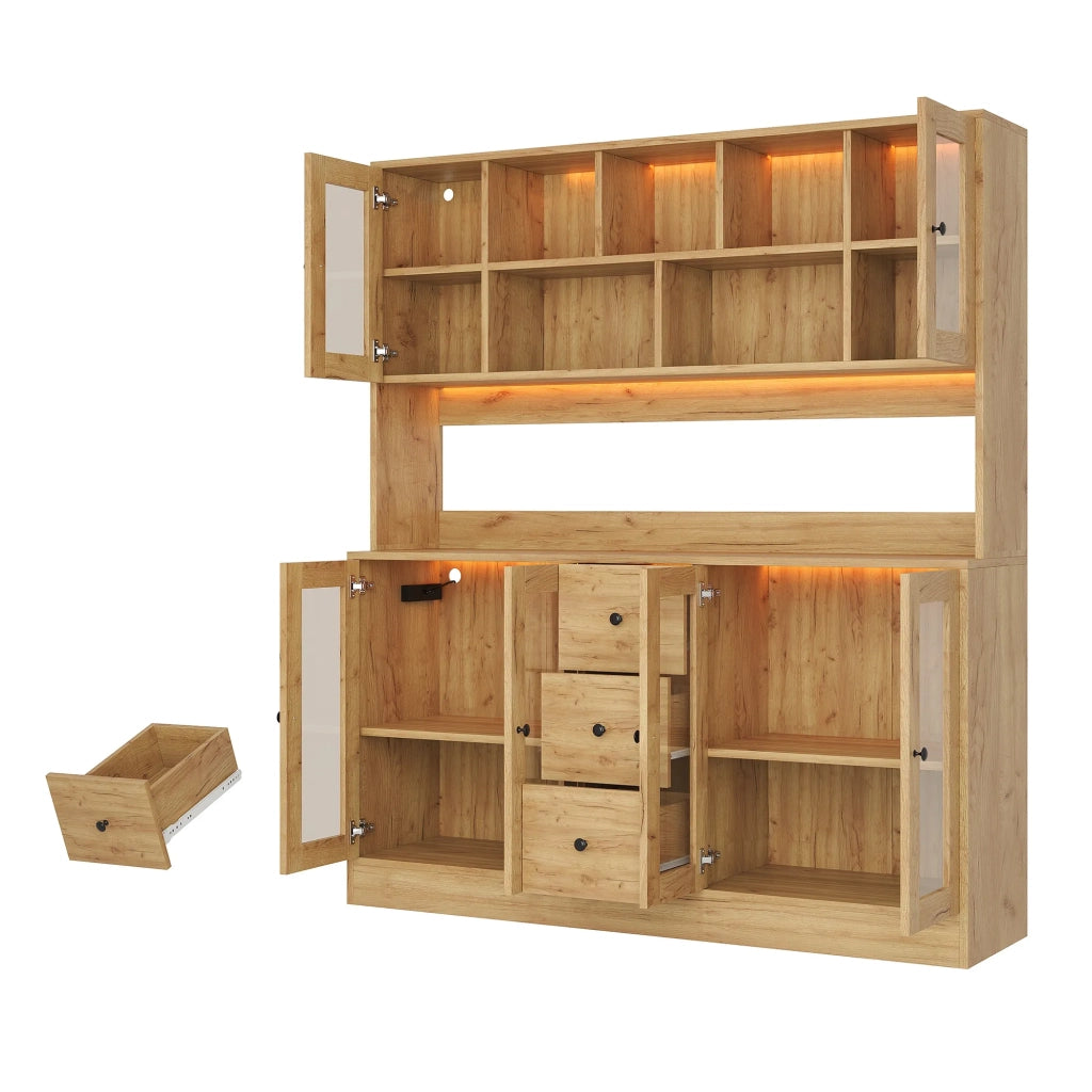 Armadio da cucina alto 150x40x173 cm, dispensa con 6 ante in acrilico, 3 cassetti, illuminazione LED e prese, per soggiorno e sala da pranzo