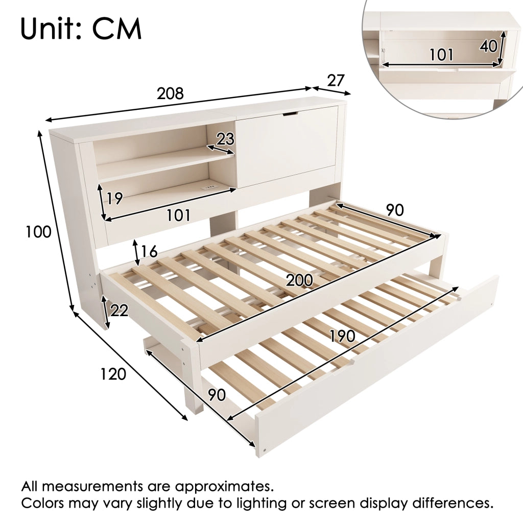 Letto divano 90×200 cm con letto estraibile 90×190 cm; vani; USB e USB-C; 2 posti; senza materasso; bianco