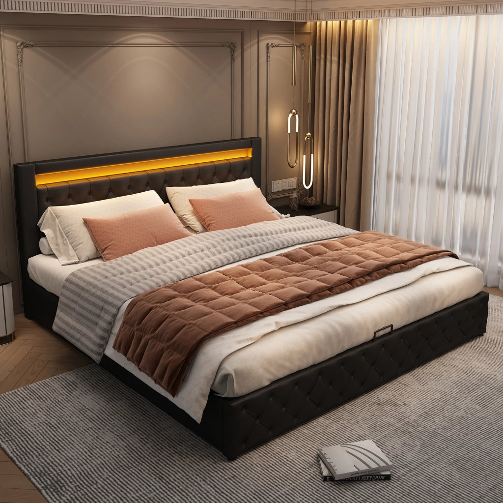 Letto imbottito 180x200 cm con contenitore; rete a doghe e LED; nero PU