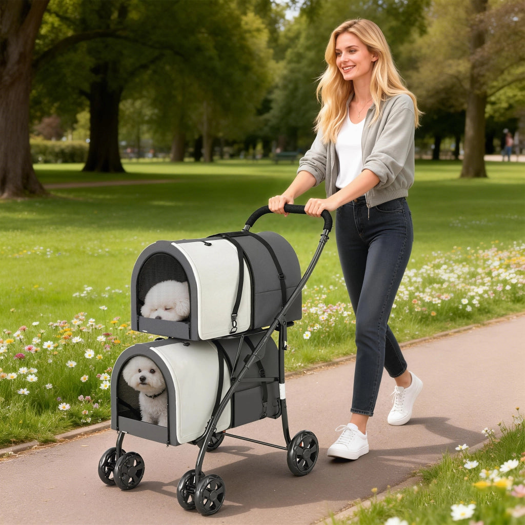 Passeggino Doppio per Cani e Gatti Pieghevole ¨C Xylo ¨C 2 Trasportini Rimovibili 66x50x98cm Grigio Scuro