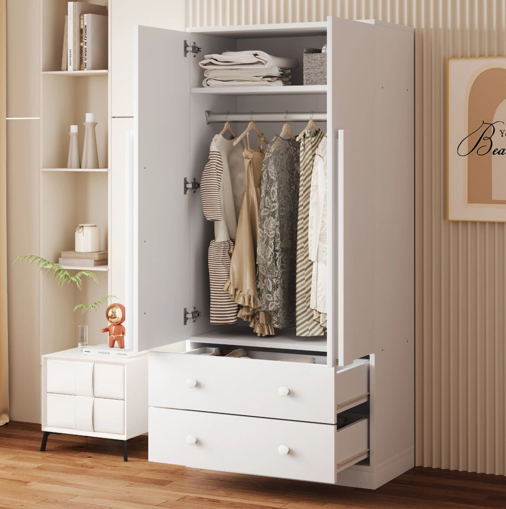 Armadio guardaroba bianco 70x40x170 cm con ante doppie, cassetti e ripiani