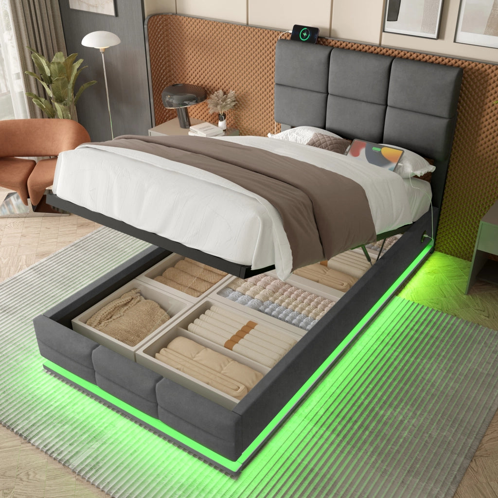 Letto contenitore singolo 90x200 cm in velluto grigio scuro con testiera regolabile; LED; USB e USB-C