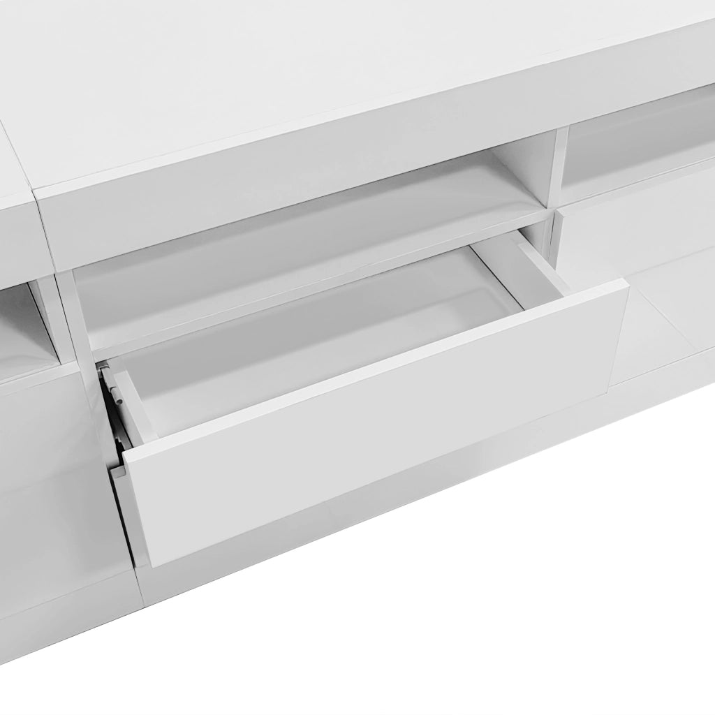 Mobile TV 160x35x60 cm con LED; 3 vani aperti; 2 ante e 2 cassetti; pannello truciolare bianco