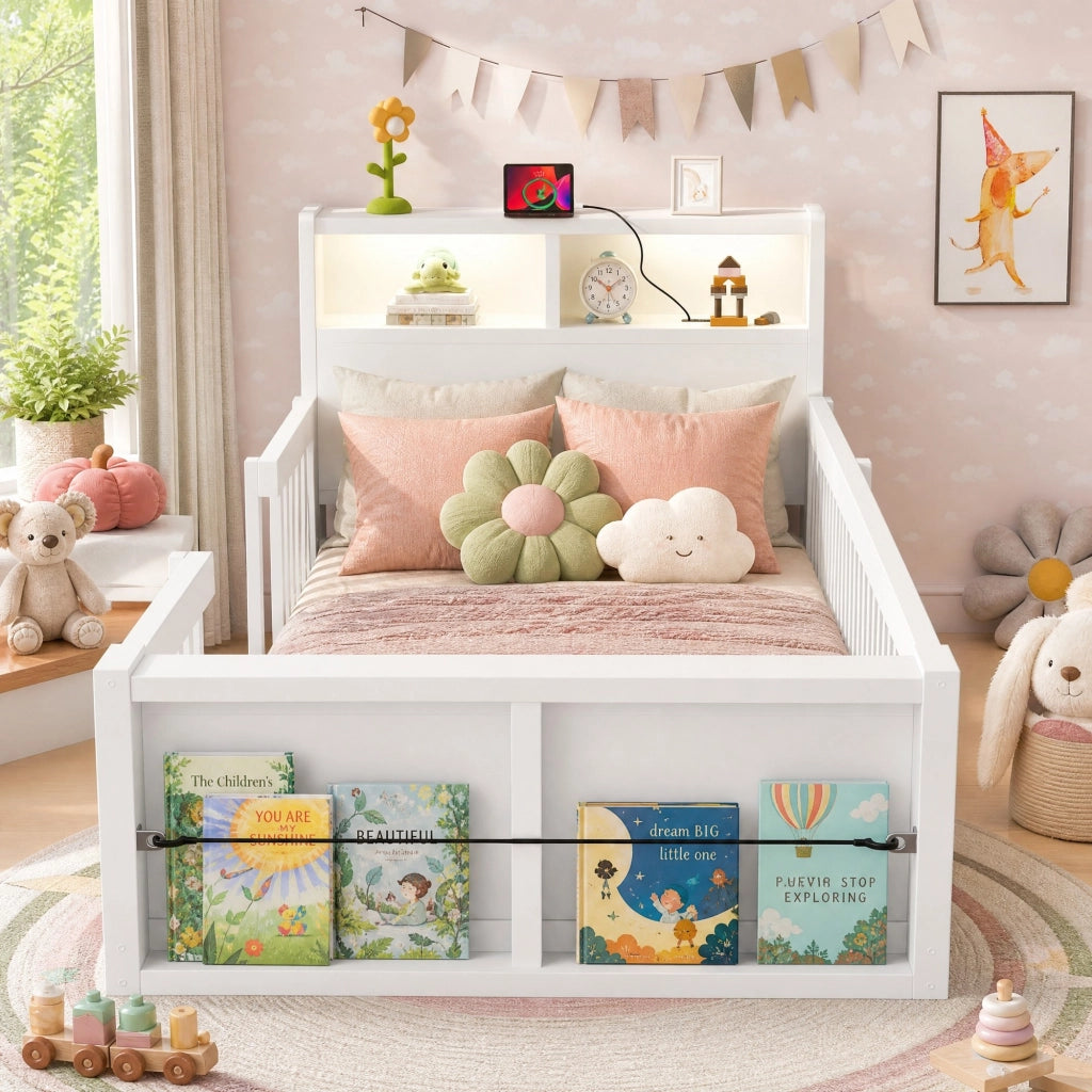 Letto singolo 90 × 190 cm con sponde alte USB luce notturna vano portoggetti ai piedi in legno bianco