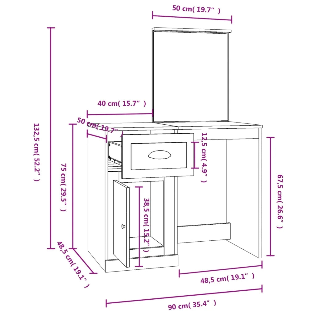 Toeletta | Tavolo da Trucco Specchio Grigio Sonoma 90x50x132,5cm Legno Multistrato
