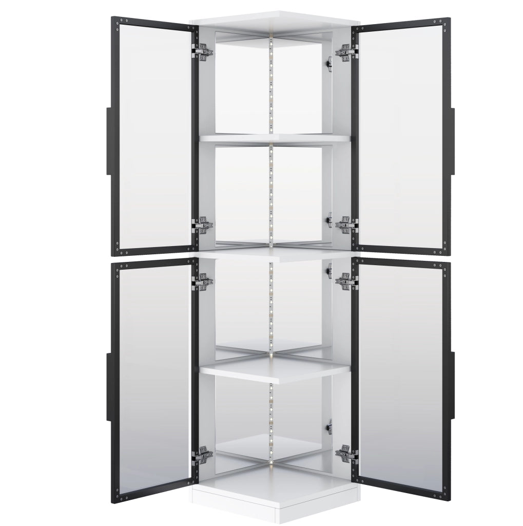 Vetrina angolare in vetro 44×42×164 cm con retro specchiato, illuminazione LED multicolore, bianca