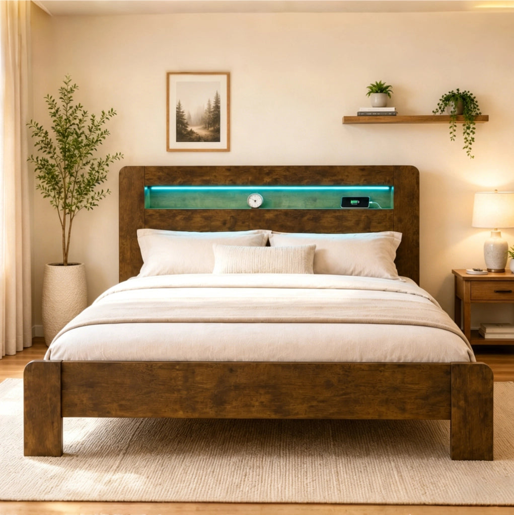 Letto in legno con testiera contenitore, illuminazione LED e prese integrate 180x200 cm Vintage