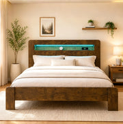 Letto in legno con testiera contenitore, illuminazione LED e prese integrate 180x200 cm Vintage
