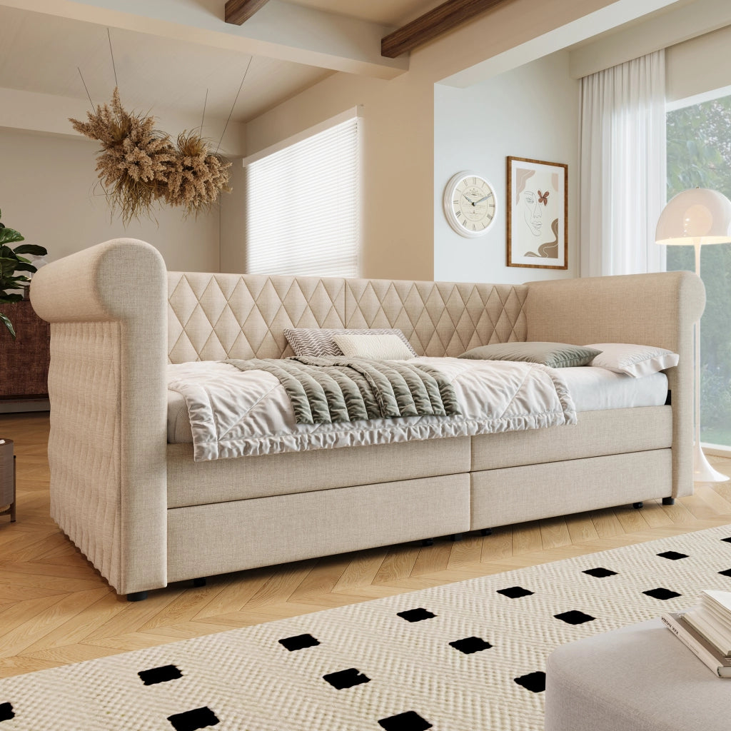 Divano letto imbottito in lino 90 x 200 cm - daybed con 2 cassetti contenitore, testiera vintage e rete a doghe - beige
