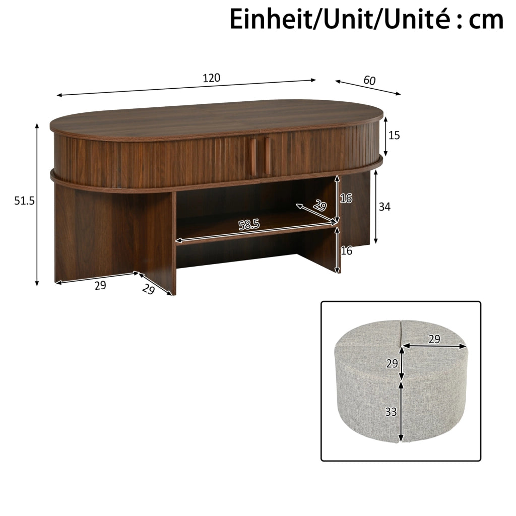 Tavolino da salotto ovale con ante scorrevoli, rivestimento a scanalature verticali e pouf in tessuto, struttura in truciolato e MDF, color noce
