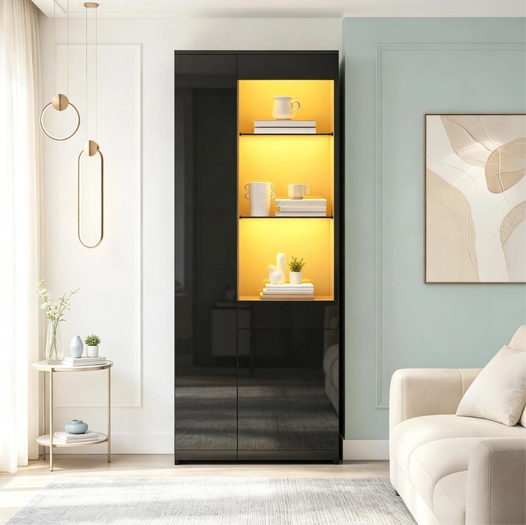 Vetrina nera in pannelli truciolari 70x35x180 cm con LED, due ante, cassetto e ripiani in vetro temperato