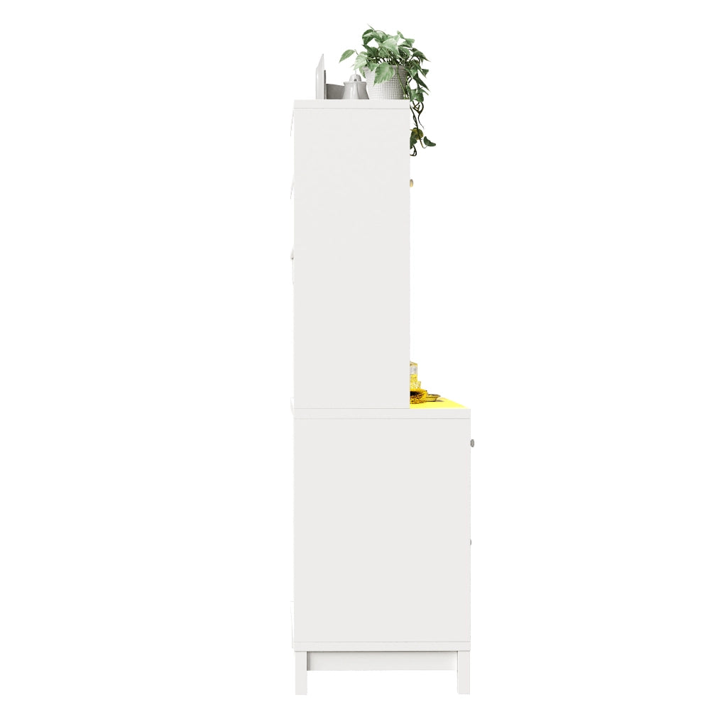 Credenza alta 140x38,5x180 cm in MDF bianco, LED RGB e 4 cassetti