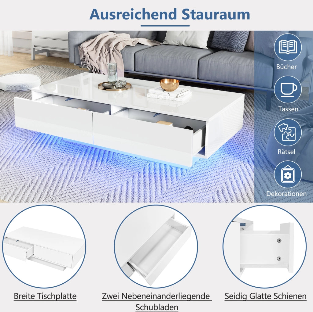 Tavolino da salotto bianco lucido con LED e 2 cassetti