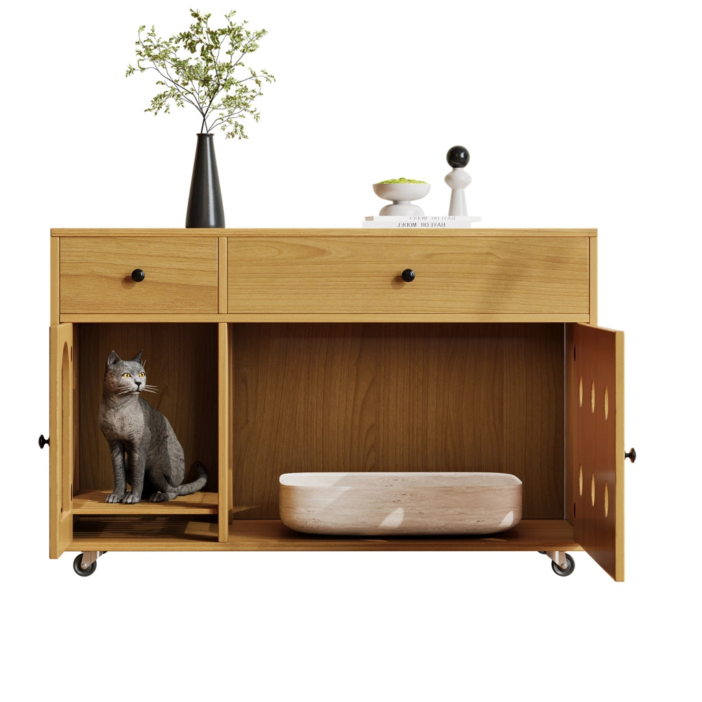 Mobile Lettiera per Gatti 100×45×66 cm con Pannello Raccogli Sabbia Rimovibile; 2 Cassetti e Ruote; Effetto Acero