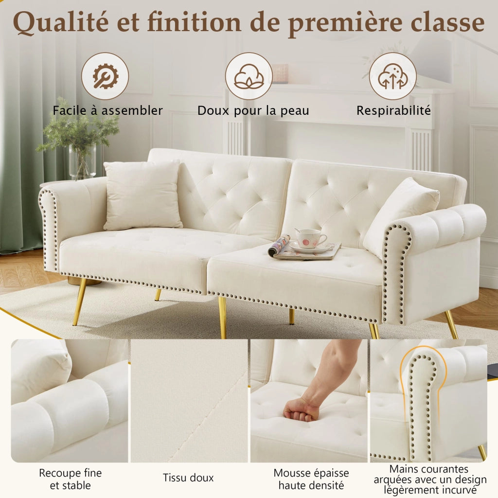 Divano letto 2 posti con doppio schienale regolabile in 3 posizioni e 2 cuscini, in velluto beige, 147 × 85 cm