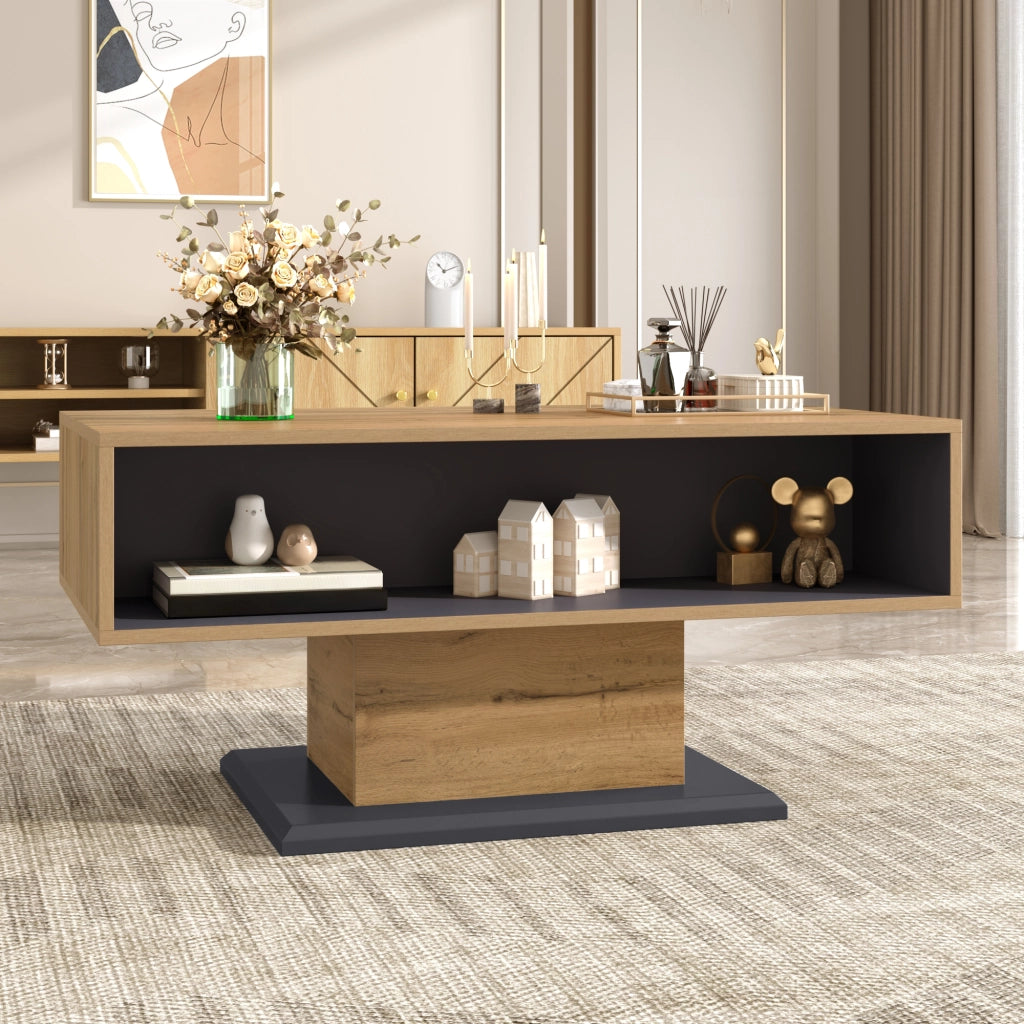 OKWISH Tavolino da Caffè Moderno con Vani su Due Lati e Scomparto Interno, per Soggiorno, Grigio Rovere, 100 x 50 x 46,5 cm