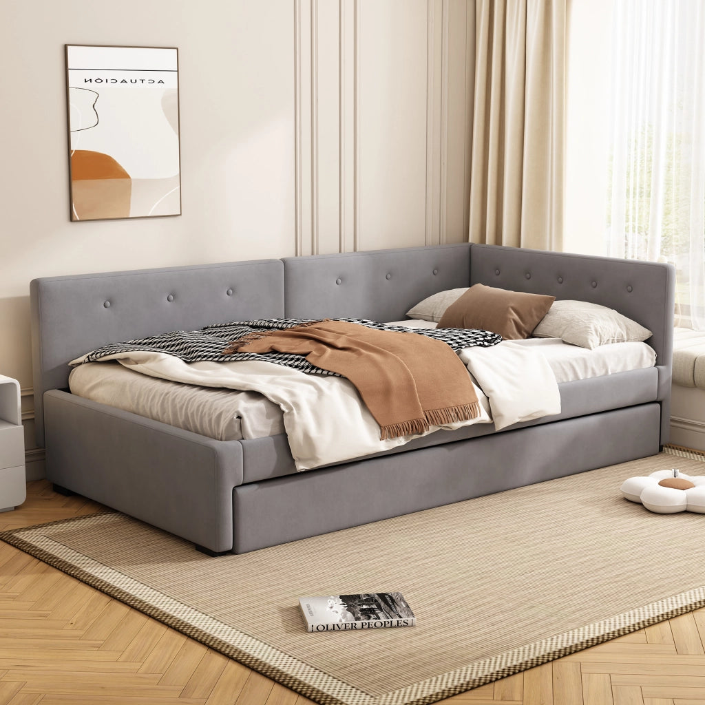 Letto con letto estraibile 90 × 200 cm con rete a doghe; testiera; rivestimento in velluto e MDF grigio