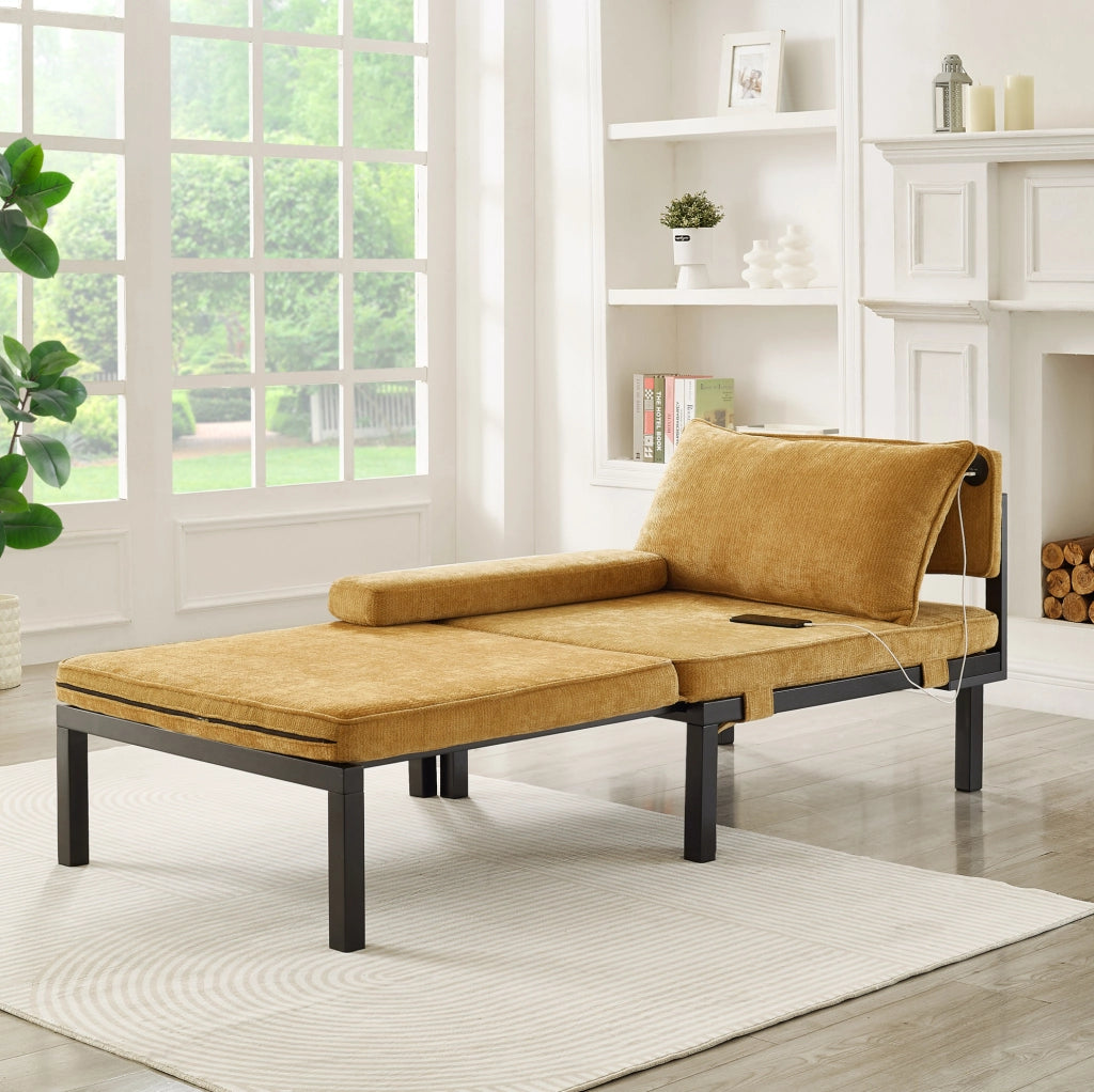 Divano letto 2 in 1 176x82x79 cm giallo, porte USB/Type-C, velluto e struttura in legno