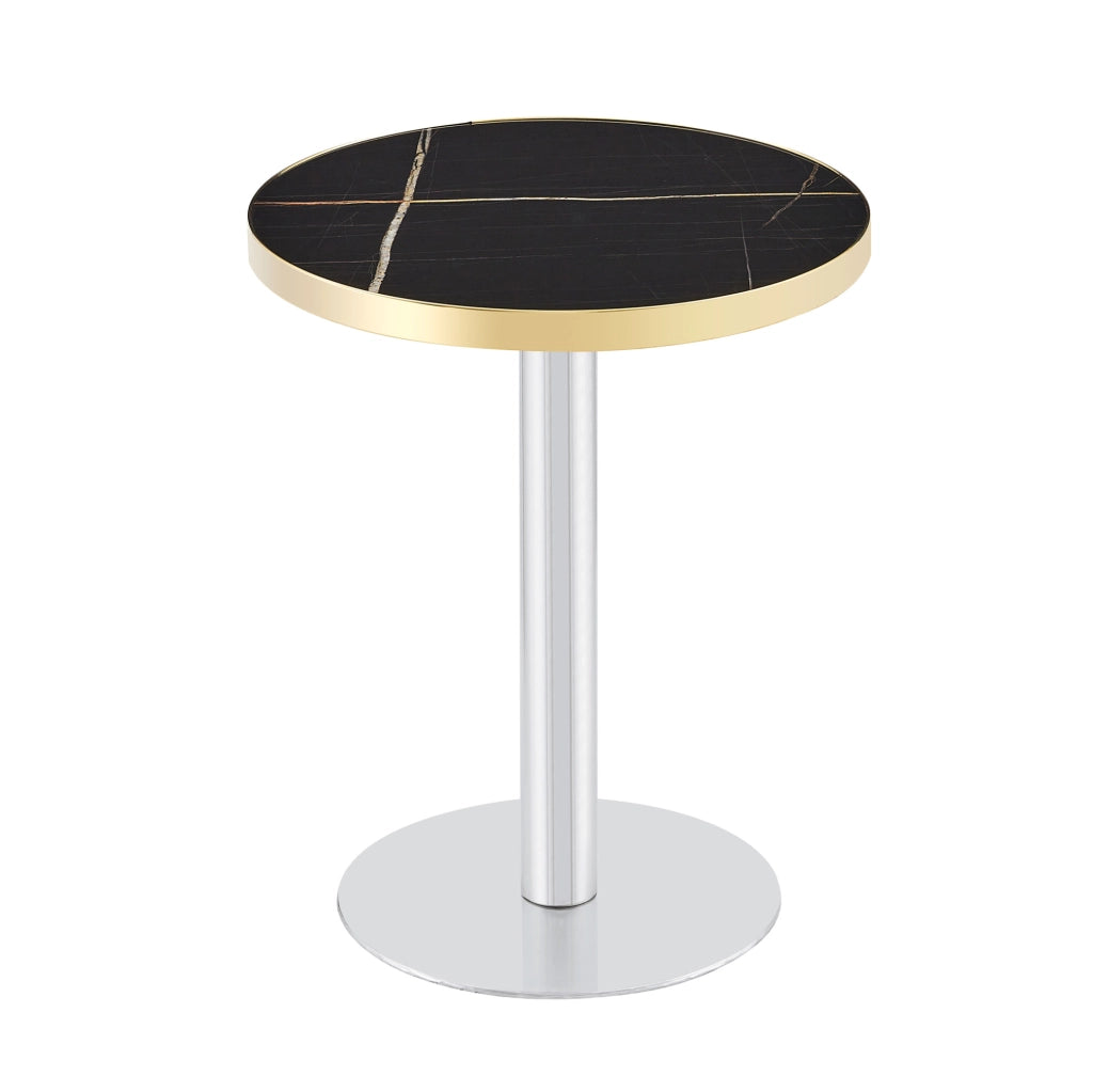Tavolino rotondo 60 cm in MDF nero effetto marmo, struttura dorata per soggiorno