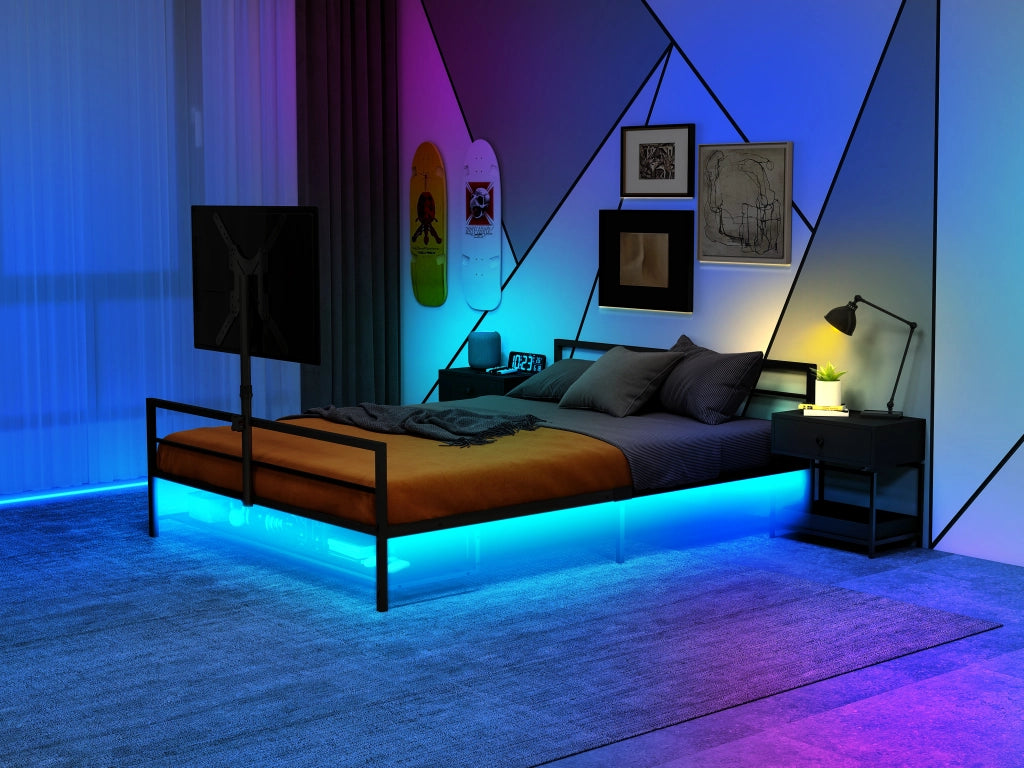DESMIU Letto adulto in metallo nero con supporto schermo regolabile, LED, cestello portaoggetti, senza materasso