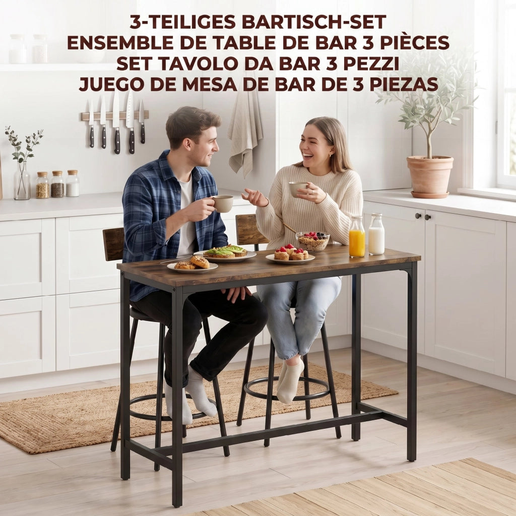 Ensemble Table de Bar avec 2 Tabourets, Table Haute de Cuisine et 2 Chaises de Bar Rembourrées PU, Repose-Pieds, Marron