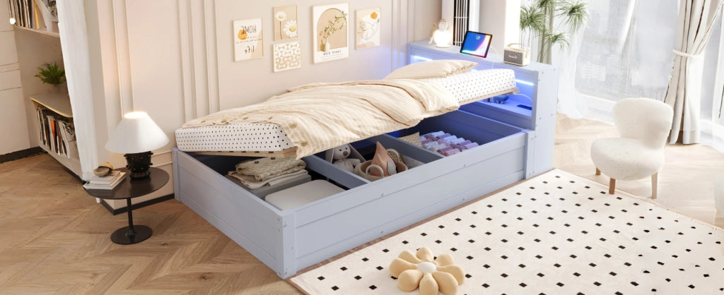 Letto singolo multifunzionale 90x200 cm in legno massello con contenitore idraulico, strisce LED colorate e presa elettrica integrata, grigio