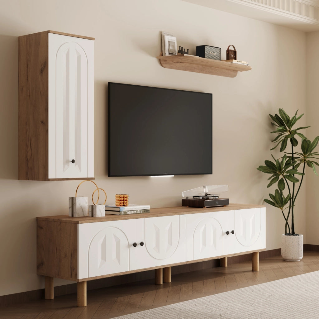 Parete attrezzata TV 3 pezzi bianco e legno naturale con ante intagliate