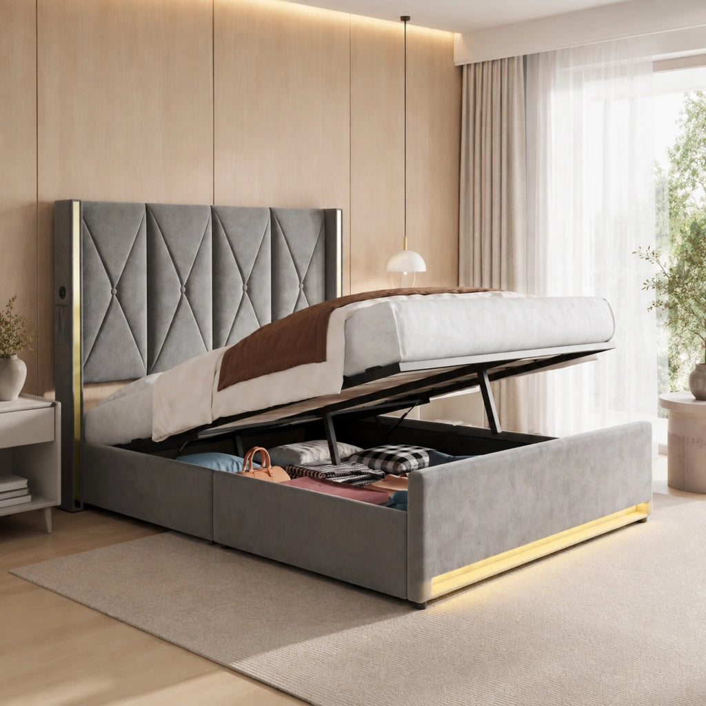 Letto matrimoniale contenitore 160x200 cm in velluto grigio scuro con testiera alta, LED, USB e Type-C