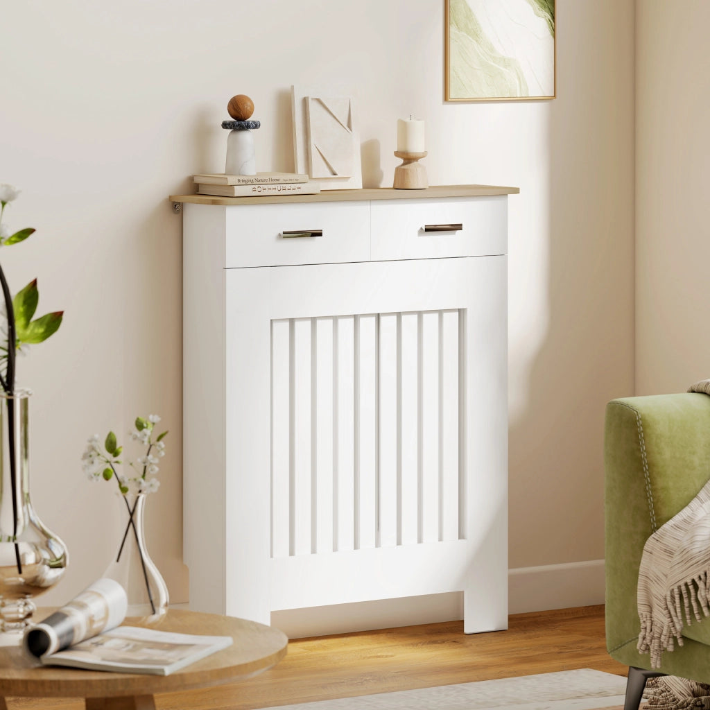 Copritermosifone a Doghe 78x19x97 cm Antiribaltamento con Cassetto in Legno Bianco