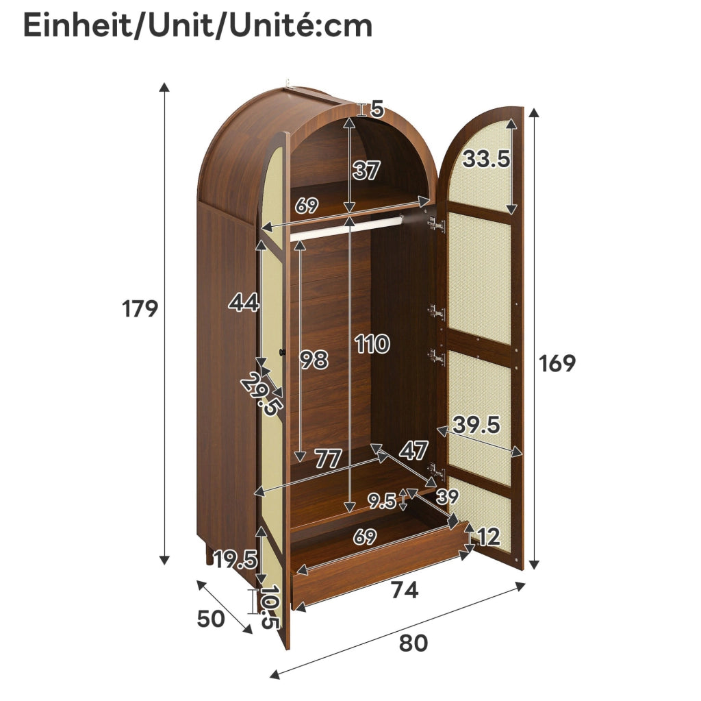 Armadio con ante curve in rattan, 80x50x179 cm