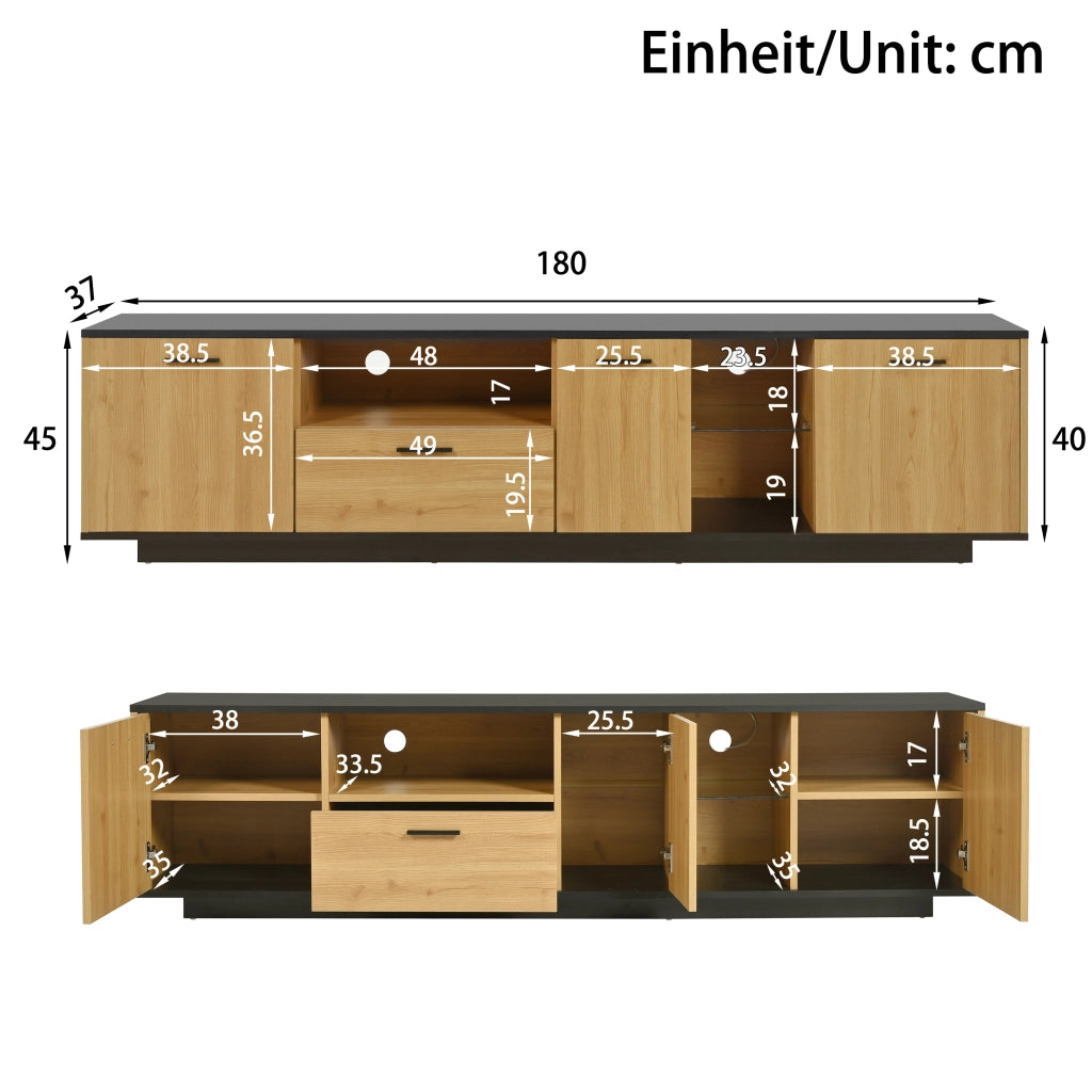 Mobile TV con 3 ante; 1 cassetto e LED a 16 colori; 180 x 37 x 45 cm; MDF nero e effetto legno