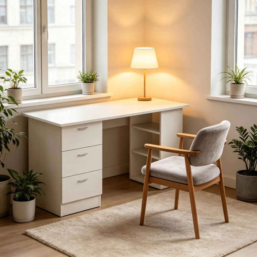 Scrivania per computer in MDF bianco con 3 cassetti e 3 ripiani