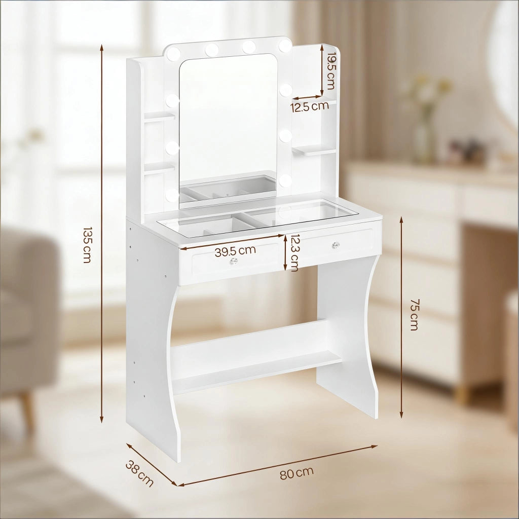 Tavolo da toeletta con specchio LED, 2 cassetti, 4 vani e piano in vetro, per camera da letto, bianco, 80 × 40 × 135 cm