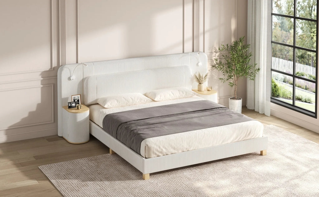 Letto 140x200 cm in velluto a coste beige, con comodino e lampada da notte